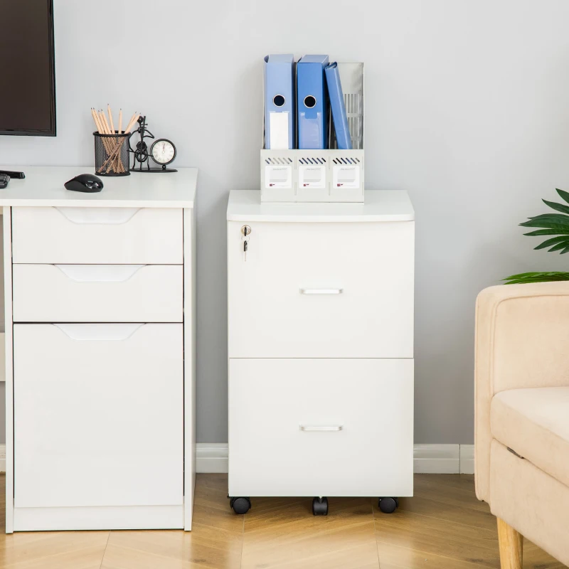 Vinsetto Dulap mobil pentru dosare cu 2 sertare, cu blocare, dulap de birou din lemn cu roti de blocare pentru A4, Letter, alb