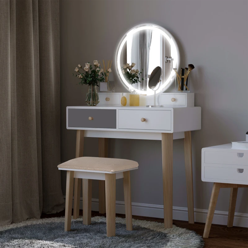 HOMCOM Dressing Table Set with Mirror, Built-in 3 Color LED Light, Vanity Makeup Table with 4 Drawers and Cushioned Stool for Bedroom, Grey