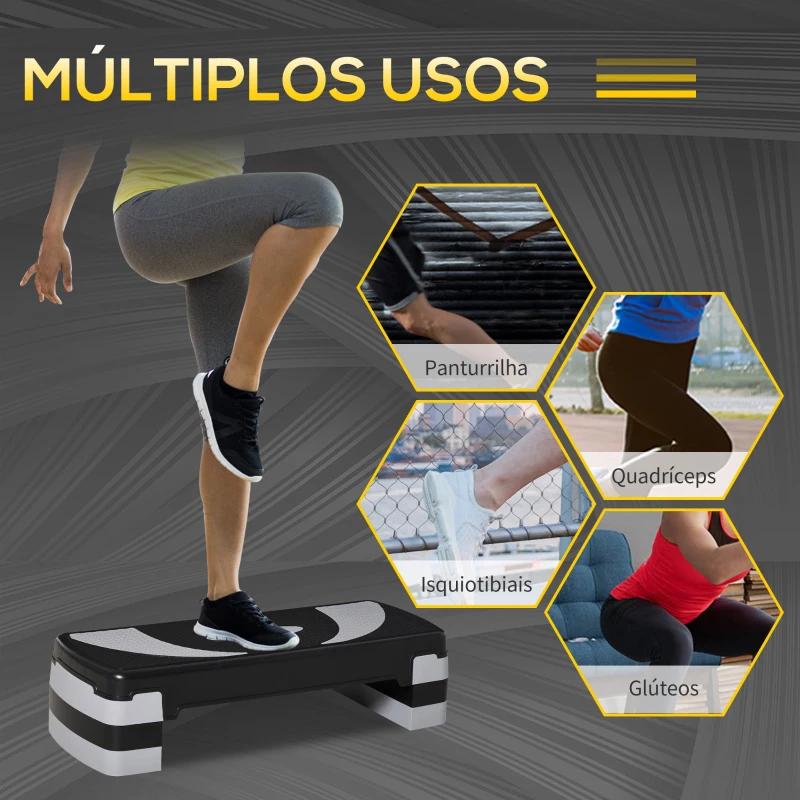HOMCOM Step para Exercício Aeróbico Plataforma Step com Altura Ajustável em 3 Níveis com Carga Máxima 150kg para Exercício em Academia Casa 80x31x10-20cm Preto e Branco
