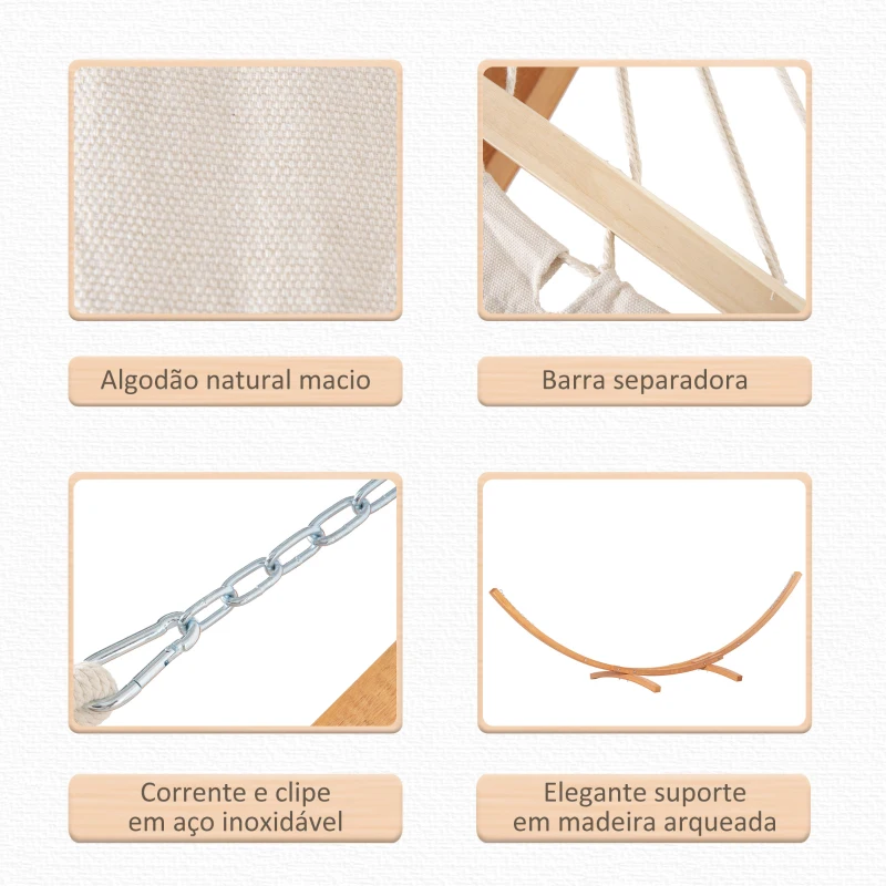 Outsunny Cama Rede com Suporte de Madeira Cama Rede de Jardim Suspensa com Estrutura e Tecido de Algodão 200x120cm para Terraço Balção Carga Máxima 150kg 392x120x102cm Branco e Natural