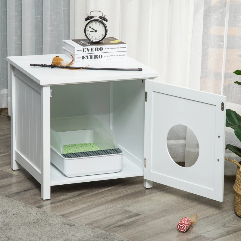 PawHut Casa para Gatos de Madeira Móvel para Caixa de Areia para Gatos 2 em 1 com Armário de Armazenamento Bancada Ampla Porta com Orifício de Entrada 51,5x48,2x51cm Branco