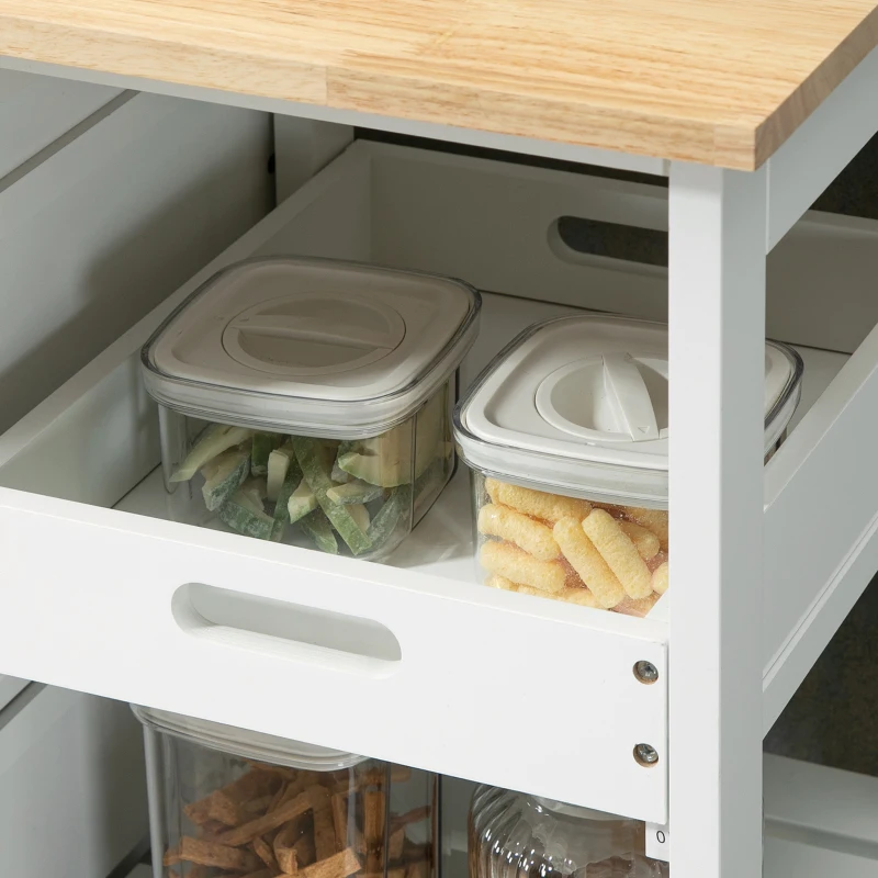 HOMCOM Carro de Cocina Carrito Auxiliar con Ruedas Tablero de Madera 3 Cajones 2 Estantes Abiertos y Bandeja Extraíble para Comedor Salón 67x37x85,5 cm Blanco