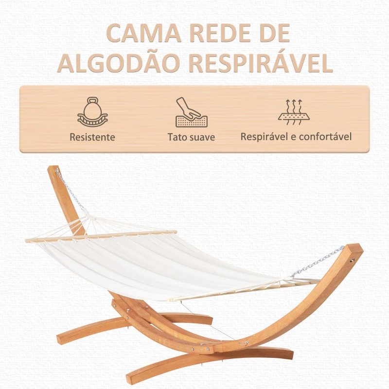 Outsunny Cama Rede com Suporte de Madeira Cama Rede de Jardim Suspensa com Estrutura e Tecido de Algodão 200x120cm para Terraço Balção Carga Máxima 150kg 392x120x102cm Branco e Natural