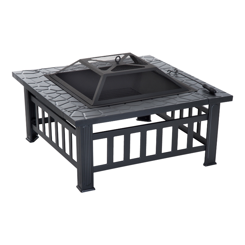 Outsunny Brasero cheminée Foyer extérieur dim. 86L x 86l x 54H cm Grille à Charbon Couvercle tisonnier métal Noir