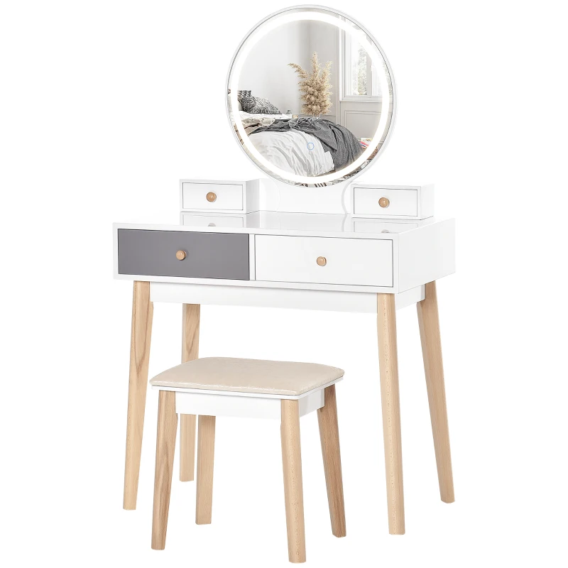 HOMCOM Dressing Table Set with Mirror, Built-in 3 Color LED Light, Vanity Makeup Table with 4 Drawers and Cushioned Stool for Bedroom, Grey