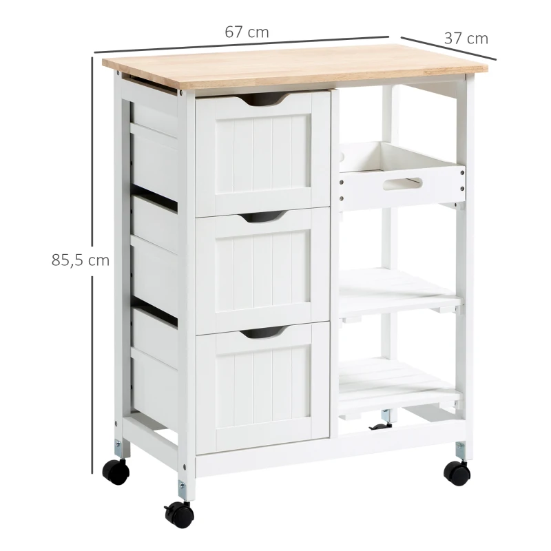 HOMCOM Carro de Cocina Carrito Auxiliar con Ruedas Tablero de Madera 3 Cajones 2 Estantes Abiertos y Bandeja Extraíble para Comedor Salón 67x37x85,5 cm Blanco