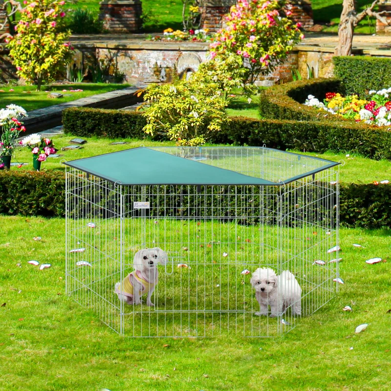 PawHut Parque para Animais de Estimação com 6 Painéis 59x60cm Dobrável Cerca para Animais de Estimação com Porta com Trava e Toldo Superior para Jardim Pátio Exterior Prata