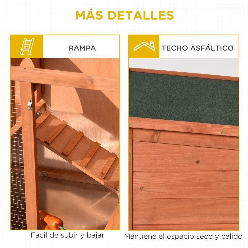 PawHut Conejera de Exterior Jaula de Mascotas Pequeñas de Madera 2 Pisos para Conejos Cobayas Hámster con Techo Asfáltico Bandeja Extraíble Rampa 102x56x85 cm Madera Natural