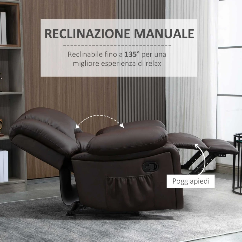 HOMCOM Poltrona Relax Reclinabile con Maniglia e Tasche Laterali, 100x89x100cm, Marrone