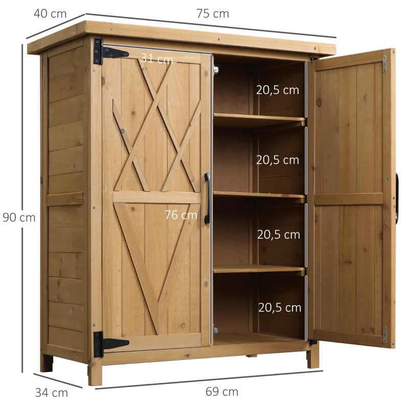 Outsunny Armário de Madeira de Jardim 75x40x90cm 0,24m² para Armazenamento de Ferramentas com 2 Portas 4 Prateleiras e Teto Galvanizado para Exterior Terraço Natural