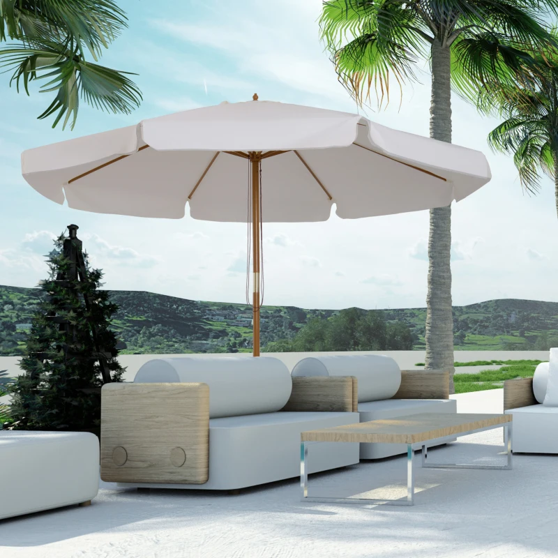Outsunny Chapéu de Sol de Jardim Ø325x250 cm Chapéu de Sol de Madeira com Sistema de Polea Teto com Ventilação e 8 Hastes de Bambú para Terraço Balcão Exterior Bege