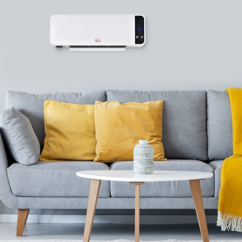 HOMCOM Stufa Elettrica da Parete con Telecomando, Temperatura Regolabile e Timer 12 Ore, Potenza 1000W/2000W, 56x11.5x18.5cm, Bianco