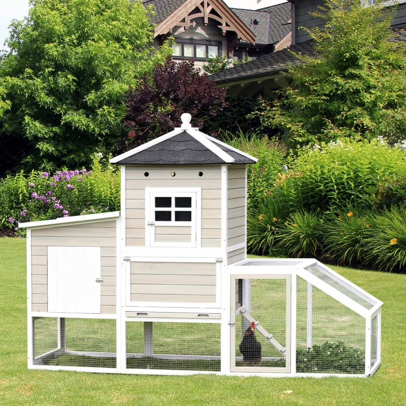 PawHut Gallinero de Madera para Exterior Jaula Grande para Gallinas Pollos con Caseta de 2 Niveles Zona Abierta Nido Bandeja Extraíble y Techo Asfáltico 235x83x171 cm Gris