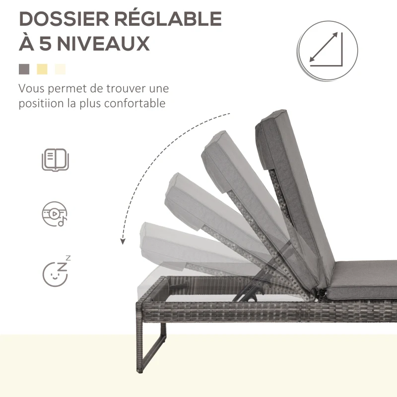 Outsunny Lot de 2 transats bains de soleil design - grand confort - matelas déhoussable, inclinaison réglable multi-positions - table basse - résine tressée grise