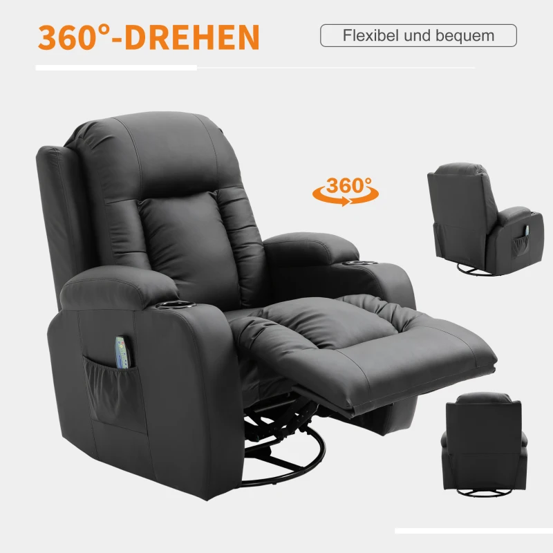 HOMCOM Massagesessel Fernsehsessel Relaxsessel mit Liegefunktion TV Sessel Massagestuhl mit Wärmefunktion Wippenfunktion mit Fernbedienung Schwarz 85 x 94 x 104 cm
