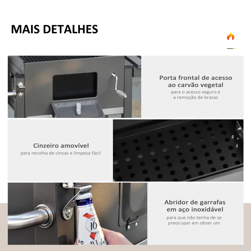 Outsunny Barbecue a Carvão com Rodas Prateleira Lateral e Termômetro para Jardim Campismo Exterior 115x56x108cm Cinza