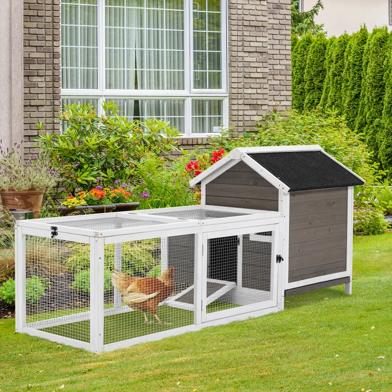 PawHut Chicken Coop with Run Hen House Wooden Poultry Cage Coops w/ Nesting Box Removable Tray Outdoor 180 x 92 x 78 cm, Grey