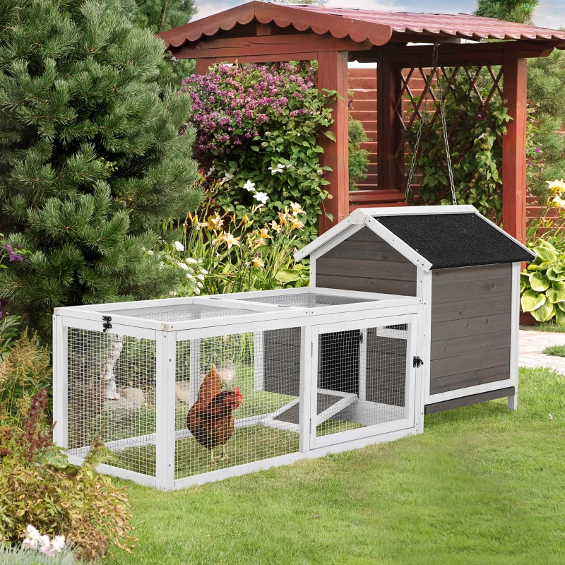 PawHut Chicken Coop with Run Hen House Wooden Poultry Cage Coops w/ Nesting Box Removable Tray Outdoor 180 x 92 x 78 cm, Grey