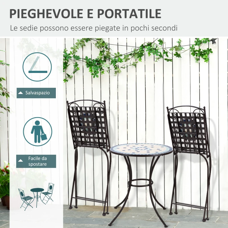 Mobilier de Gradina Outsunny Set 3 Piese cu 2 Scaune Pliante si 1 Masuta, din Metal si Ceramica, Multicolor