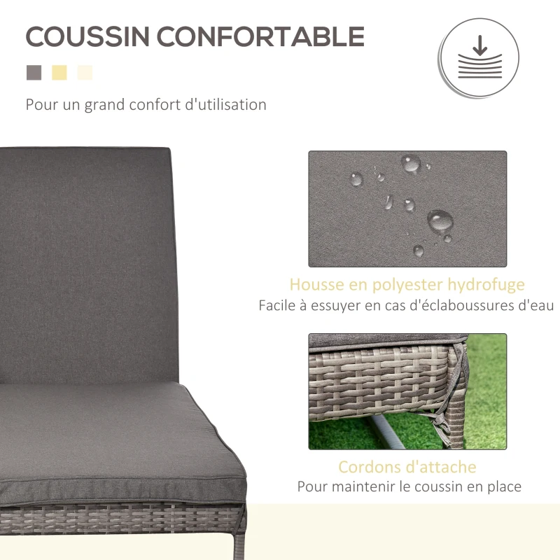 Outsunny Lot de 2 transats bains de soleil design - grand confort - matelas déhoussable, inclinaison réglable multi-positions - table basse - résine tressée grise