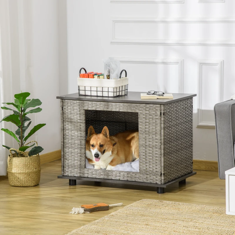 PawHut Wicker Dog House, Rattan Pet Bed, Cat House, End Table Furniture, with Soft Cushion, Adjustable Feet, for Small and Medium Dogs Grey, 80 x 54 x 61.5 cm