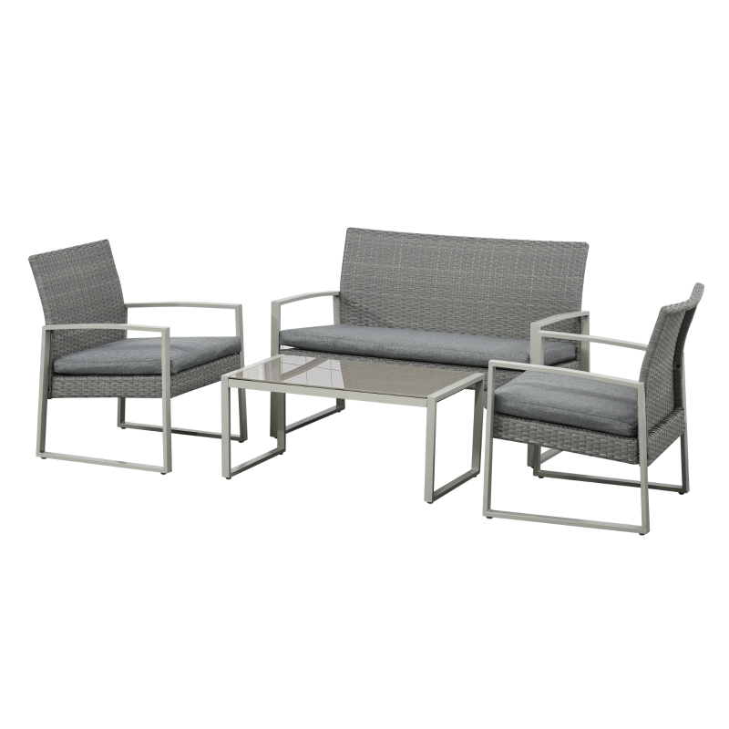 Salon de jardin style yachting 4 places table basse métal époxy résine coussins gris