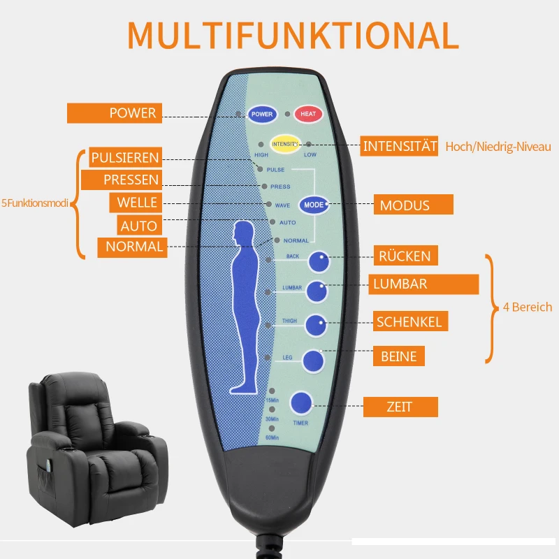HOMCOM Massagesessel Fernsehsessel Relaxsessel mit Liegefunktion TV Sessel Massagestuhl mit Wärmefunktion Wippenfunktion mit Fernbedienung Schwarz 85 x 94 x 104 cm