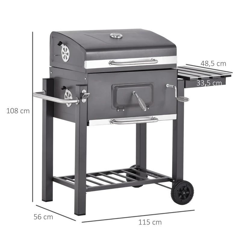 Outsunny Barbecue a Carvão com Rodas Prateleira Lateral e Termômetro para Jardim Campismo Exterior 115x56x108cm Cinza