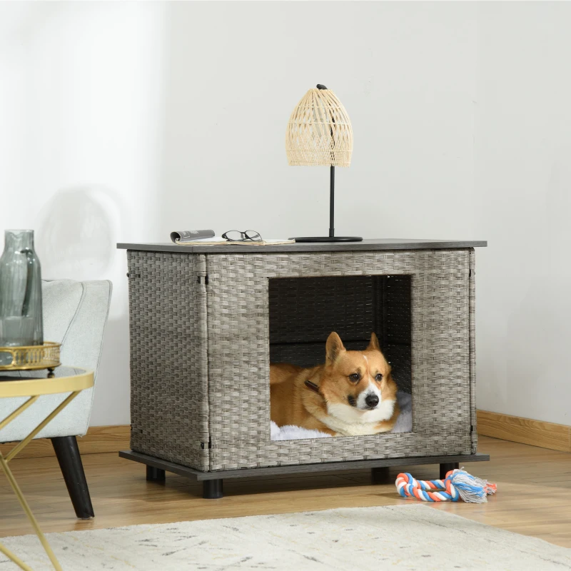 PawHut Wicker Dog House, Rattan Pet Bed, Cat House, End Table Furniture, with Soft Cushion, Adjustable Feet, for Small and Medium Dogs Grey, 80 x 54 x 61.5 cm