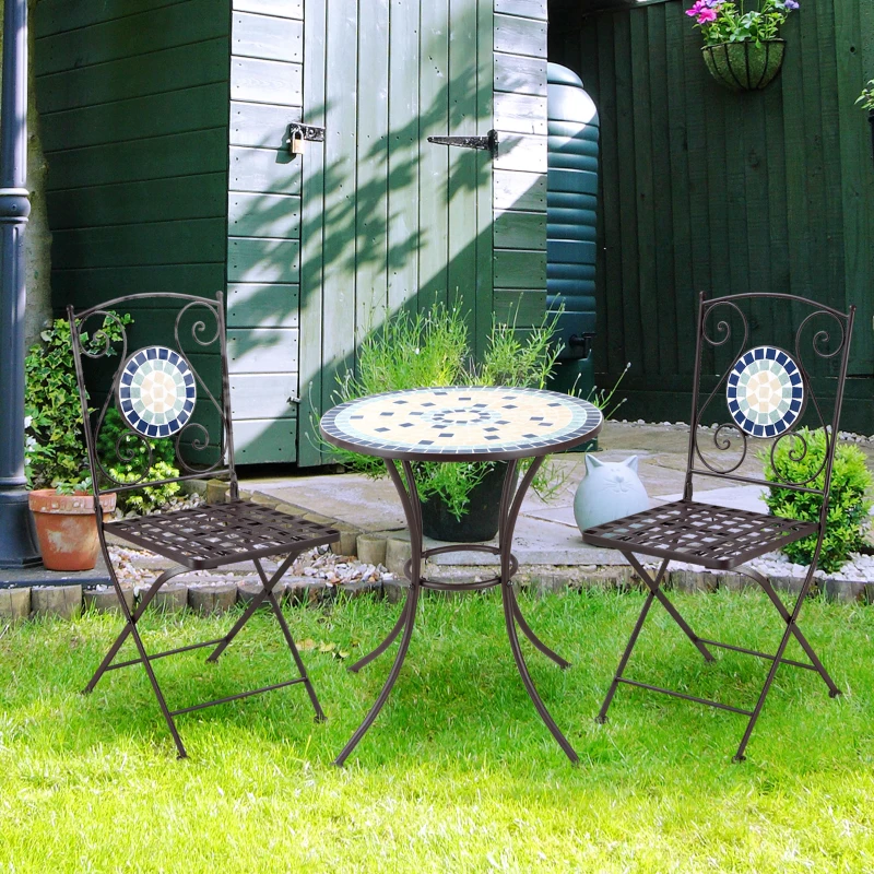 Mobilier de Gradina Outsunny Set 3 Piese cu 2 Scaune Pliante si 1 Masuta, din Metal si Ceramica, Multicolor