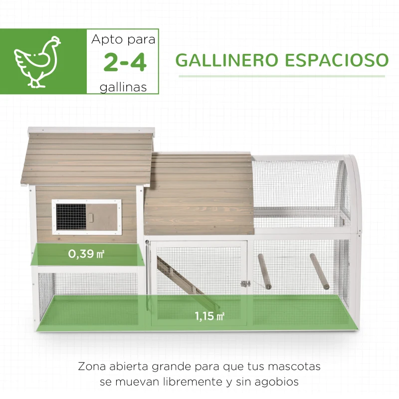 PawHut Gallinero Exterior de Madera de Abeto Jaula para Gallinas Pollos con Zona Abierta Ponedero Barras Bandeja Extraíble y Rampa 167,5x109x100 cm Color Natural y Blanco
