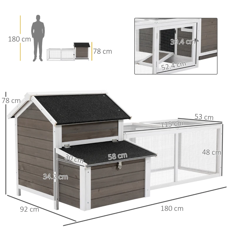 PawHut Chicken Coop with Run Hen House Wooden Poultry Cage Coops w/ Nesting Box Removable Tray Outdoor 180 x 92 x 78 cm, Grey