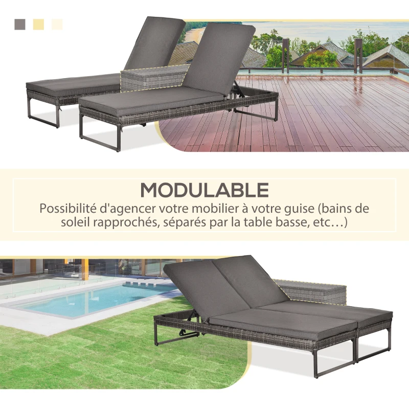 Outsunny Lot de 2 transats bains de soleil design - grand confort - matelas déhoussable, inclinaison réglable multi-positions - table basse - résine tressée grise
