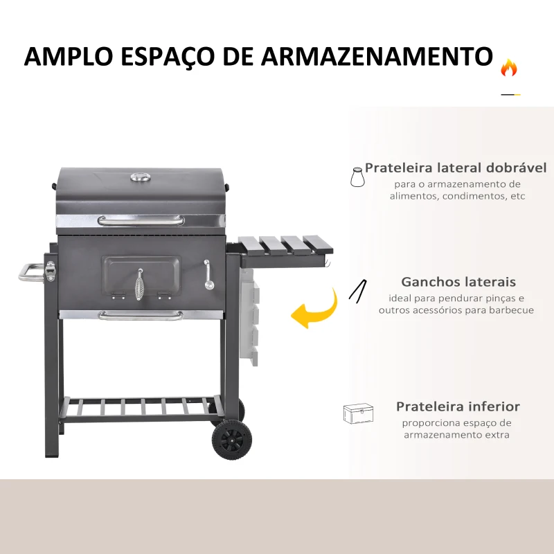 Outsunny Barbecue a Carvão com Rodas Prateleira Lateral e Termômetro para Jardim Campismo Exterior 115x56x108cm Cinza