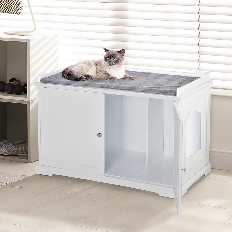 PawHut Katzenschrank Katzentoilette Katzenklo Katzenhaus Katzenbett mit magnetischen Türen verstellbaren Trennwände MDF Kurzplüsch Weiß+Grau 95,3 x 54 x 63 cm
