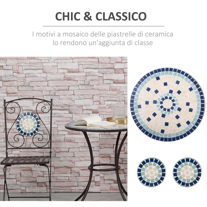 Mobilier de Gradina Outsunny Set 3 Piese cu 2 Scaune Pliante si 1 Masuta, din Metal si Ceramica, Multicolor