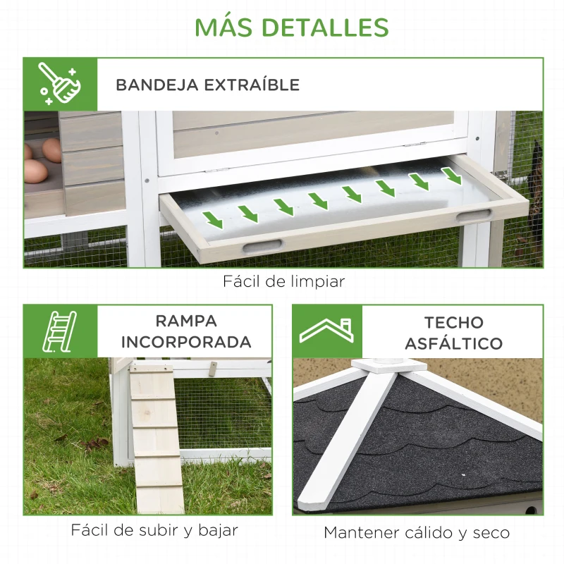PawHut Gallinero de Madera para Exterior Jaula Grande para Gallinas Pollos con Caseta de 2 Niveles Zona Abierta Nido Bandeja Extraíble y Techo Asfáltico 235x83x171 cm Gris