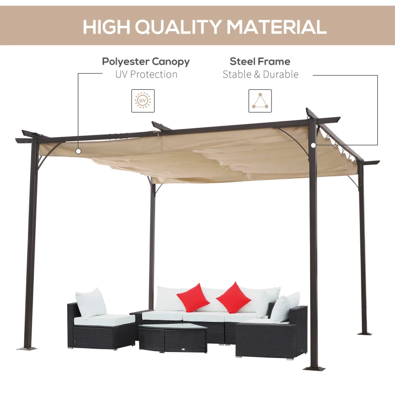 Outsunny Foisor Acoperis de Gradina Parasolar Retractabil Rama Neagra Perdea Bej 350 x 350 x 230cm