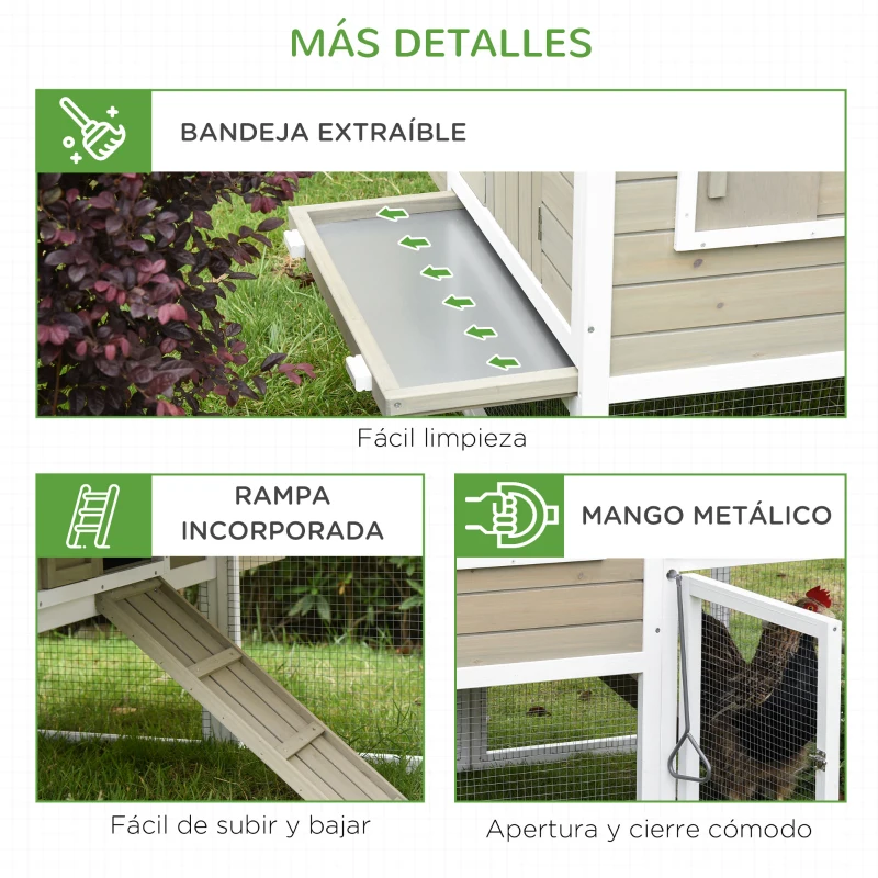 PawHut Gallinero Exterior de Madera de Abeto Jaula para Gallinas Pollos con Zona Abierta Ponedero Barras Bandeja Extraíble y Rampa 167,5x109x100 cm Color Natural y Blanco