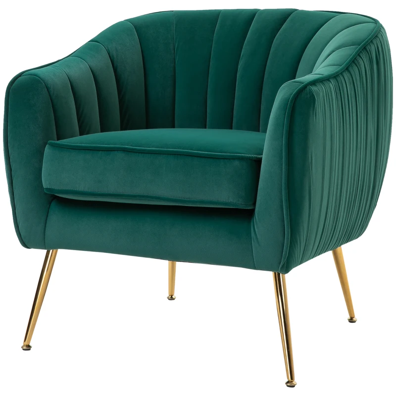 HOMCOM Velvet-Feel Tub Armchair, with Gold Tone Legs - Green