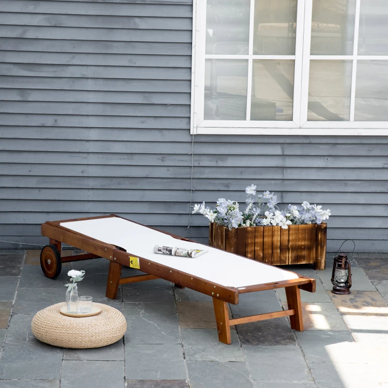 Outsunny Sezlong din Lemn de Salcam cu Roti si Spatar Reglabil, Alb