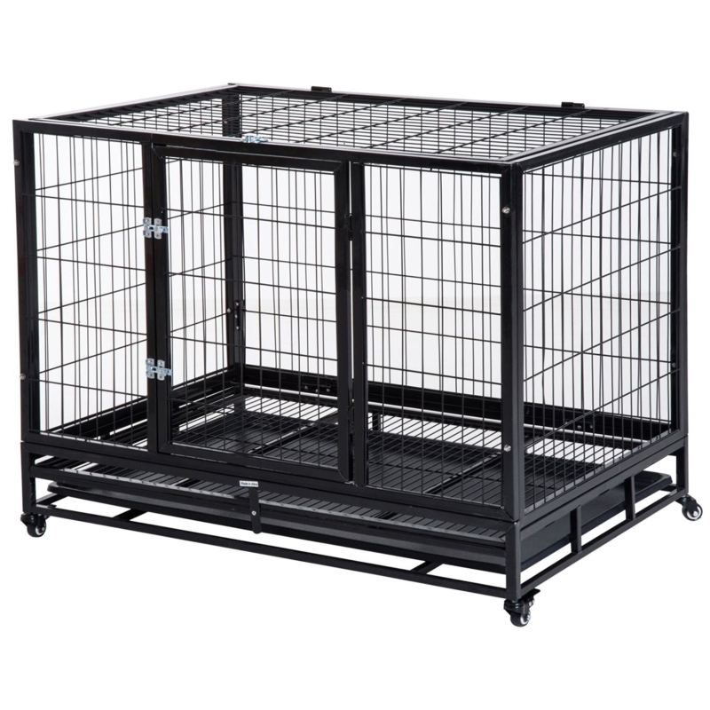 Pawhut Metal Kennel Cage W/Wheels and Crate Tray, 95Lx61.5Wx68.5H cm