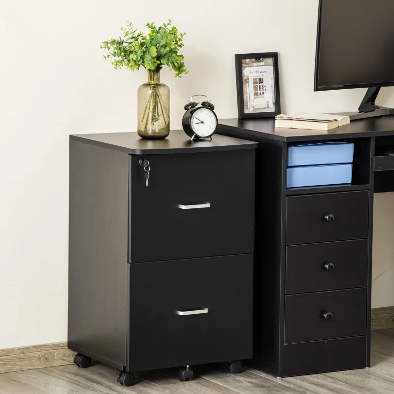 Vinsetto Dulap mobil arhiva cu 2 sertare, cu blocare, dulap de birou din lemn cu roti de blocare pentru A4, Letter, negru