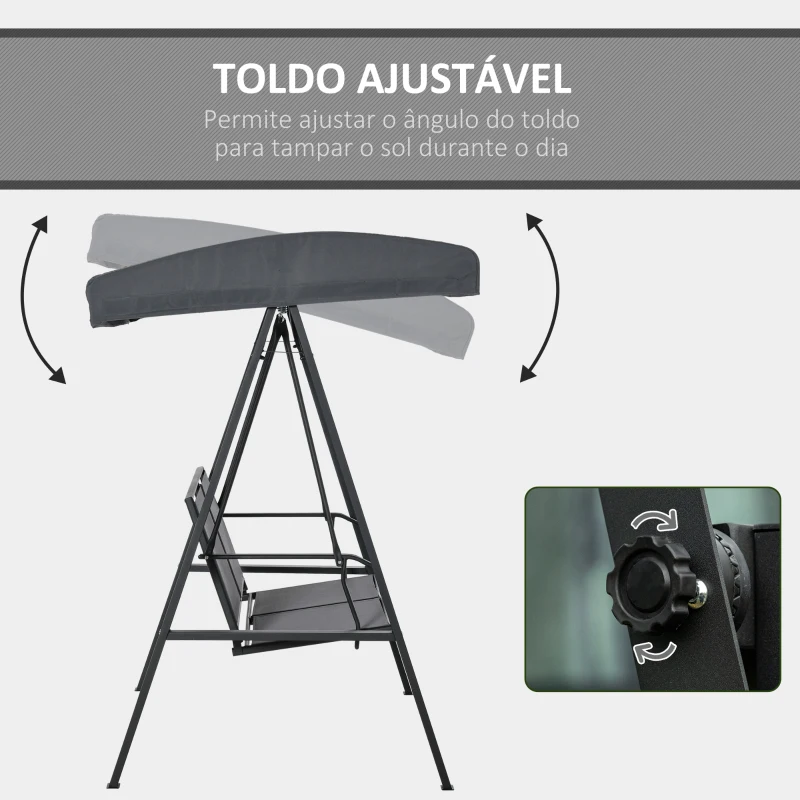 Outsunny  Baloiço de Jardim de 2 Lugares com Teto Ajustável Encosto Respirável e Estrutura de Aço para Balção Terraço Exterior Carga Máx. 220kg 150x11x170cm Cinza