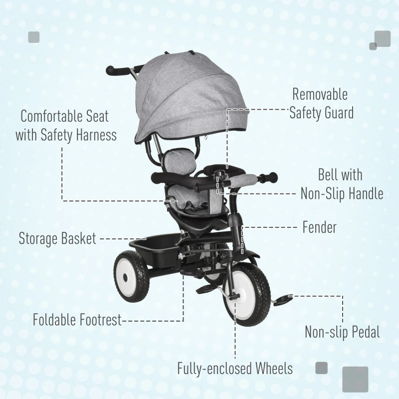 HOMCOM Qaba/HOMCOM Baby Tricycle 2 In 1 Stroller/ Kid Trike with Parent Push Handle Adjustable Canopy Detachable Guardrail Safety Belt Foldable Footrest Storage Basket for Age 6-60 Months Grey