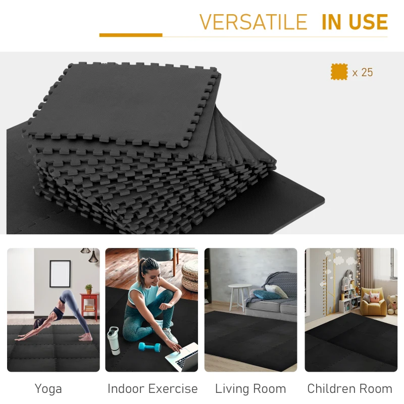 HOMCOM Tapis en Mousse de Protection Sol Tapis de Fitness 62 cm x 62 cm x 1 cm avec Bordures Tapis Puzzle 25 pièces 9,3 m² de Surface Noir
