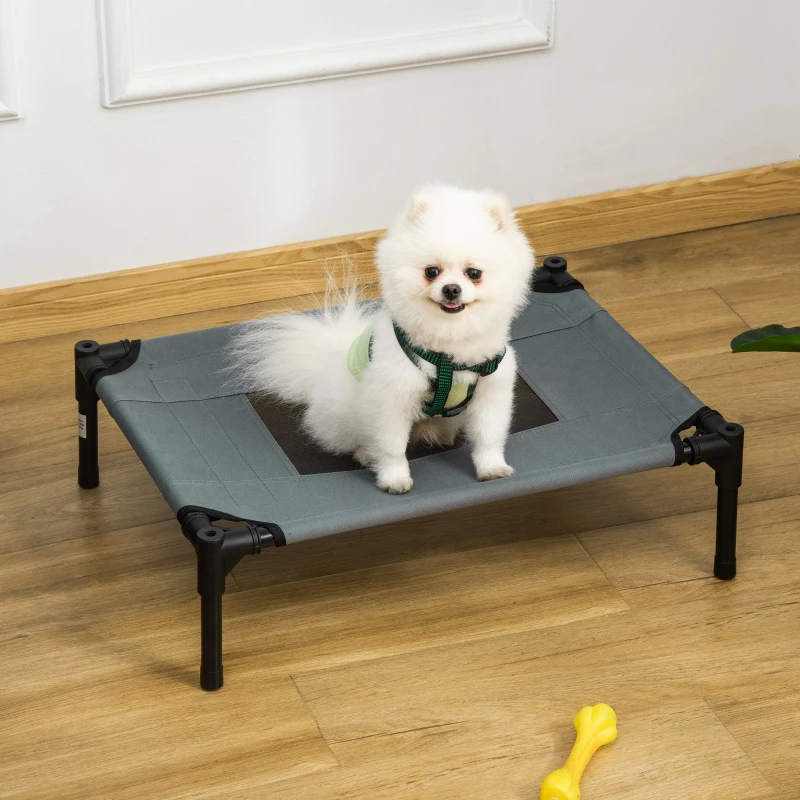 PawHut Raised Dog Bed Waterproof Elevated Pet Cot with Breathable Mesh UV Protection Canopy Grey, for Small Dogs, 61 x 46 x 62cm