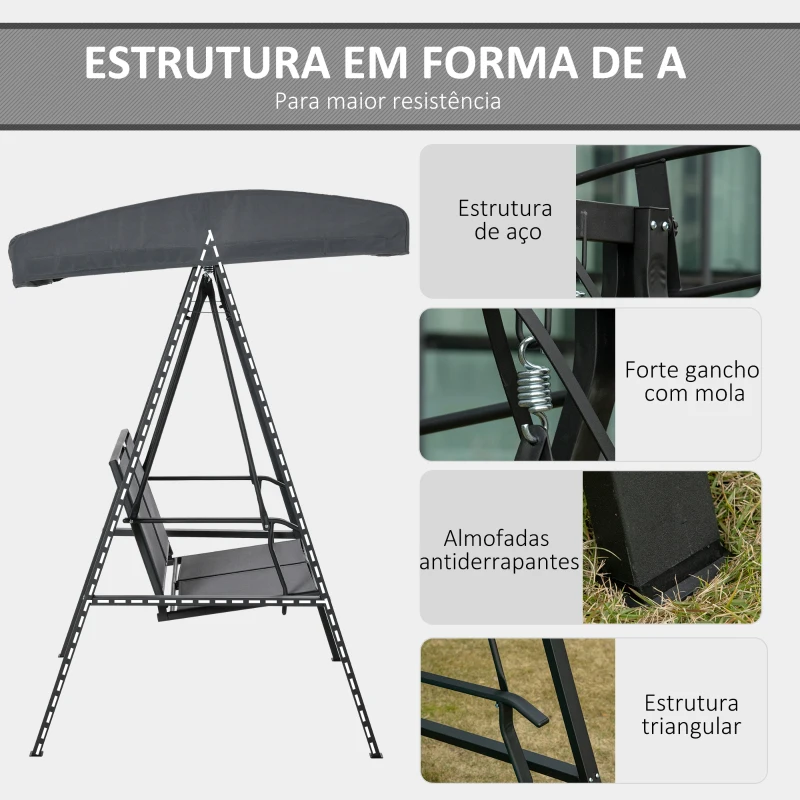 Outsunny  Baloiço de Jardim de 2 Lugares com Teto Ajustável Encosto Respirável e Estrutura de Aço para Balção Terraço Exterior Carga Máx. 220kg 150x11x170cm Cinza
