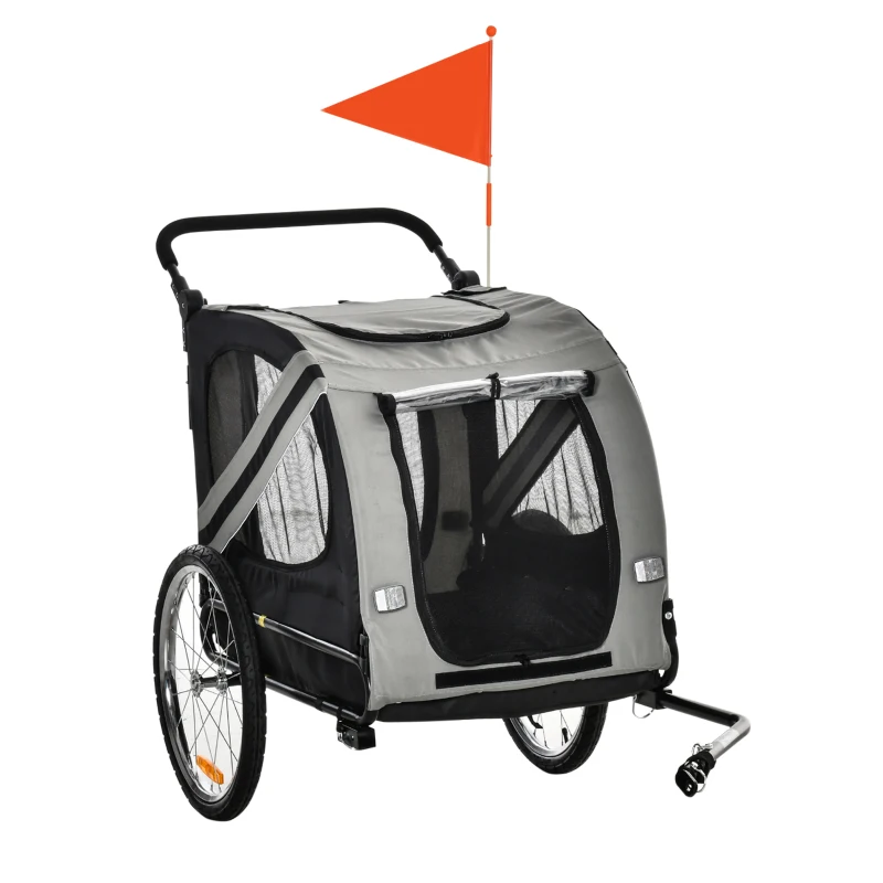 PawHut Carucior pentru animale de companie 2-in-1 Atasament pentru transportul de biciclete cu cadru de otel cu reflectoare universale pentru roti Steag gri