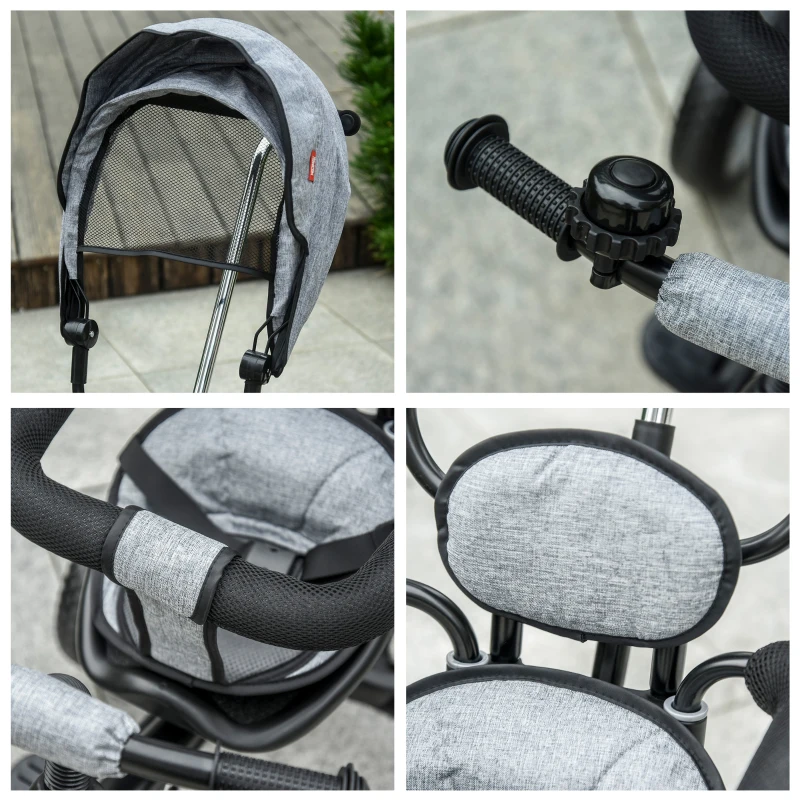HOMCOM Qaba/HOMCOM Baby Tricycle 2 In 1 Stroller/ Kid Trike with Parent Push Handle Adjustable Canopy Detachable Guardrail Safety Belt Foldable Footrest Storage Basket for Age 6-60 Months Grey